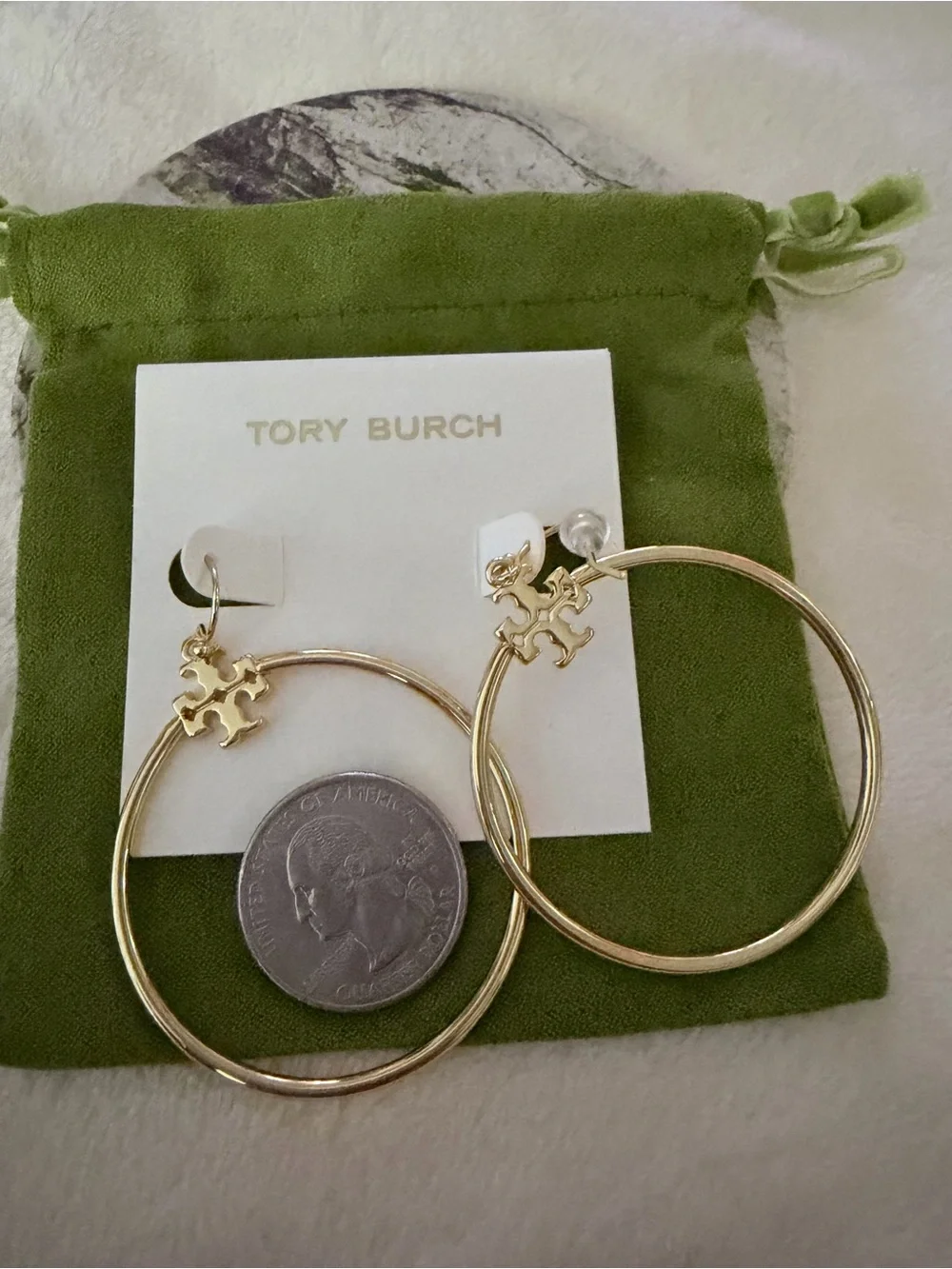 Tory Burch Gold Logo Hoop Earrings with Signature Emblem